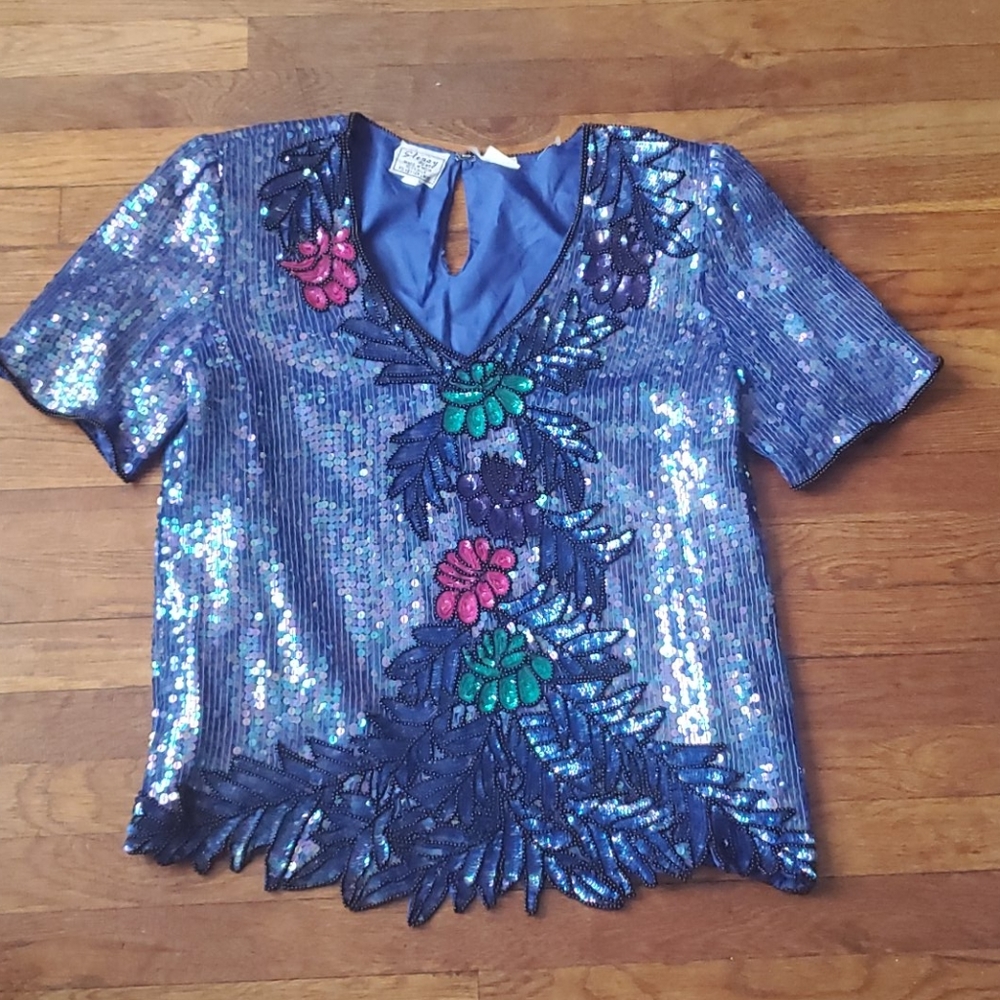 Stenay Blue Sequin Blouse with Floral Accents
